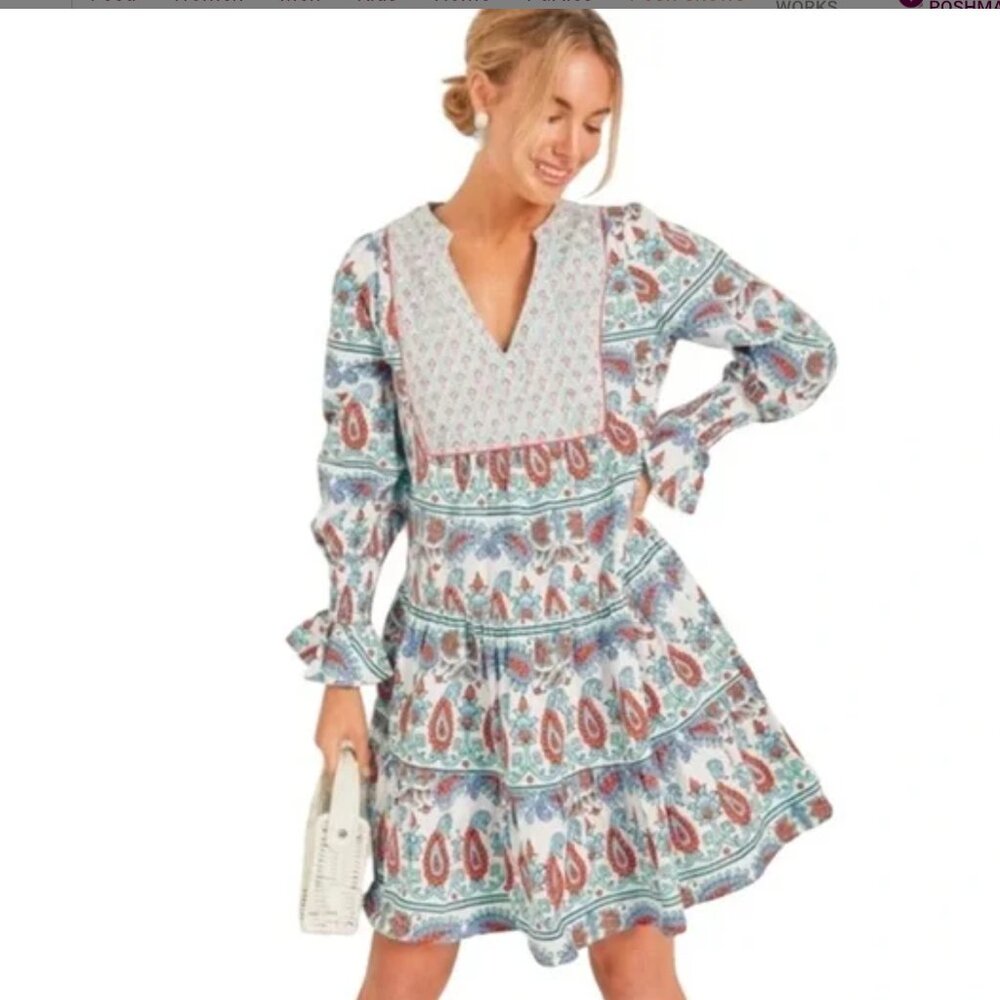 Tuckernuck White Teal and Rust Paisley Long-Sleeve Tiered Dress